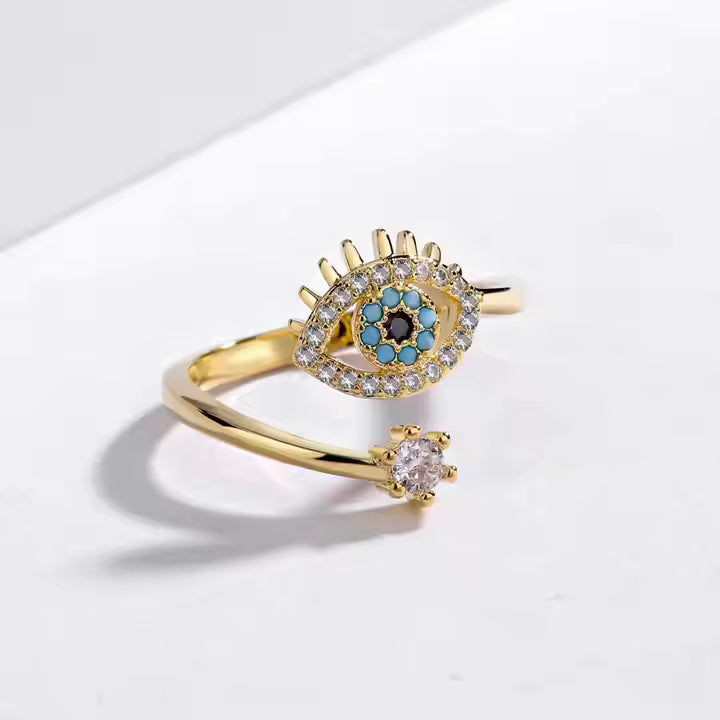 Jazz and Sizzle Gold Plated CZ Studded Evil Eye Adjustable Finger Ring