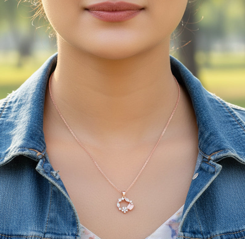 Jazz And Sizzle Rose Gold Drop AD Wreath Pendant With Link Chain