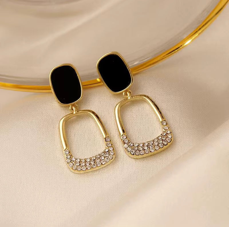 Elegant Black Stone & Gold Geometric Drop Earrings for Women