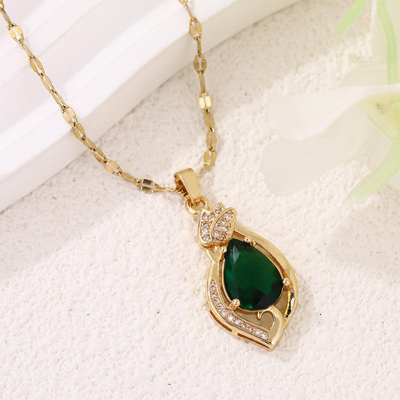 Gold Plated Green Teardrop Crystal Pendant Necklace for Women