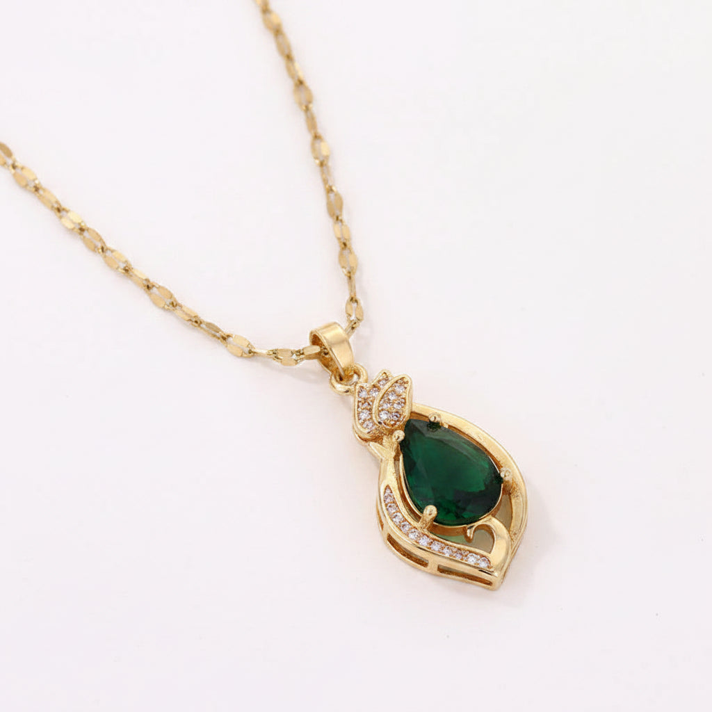 Jazz And Sizzle Gold Plated Green Teardrop Crystal Pendant Necklace for Women