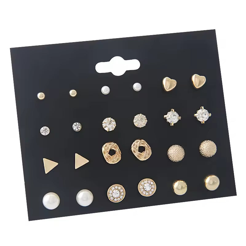 All Things Silver" Diamond Triangle Heart Inlaid 12 Pairs Stud Earrings
