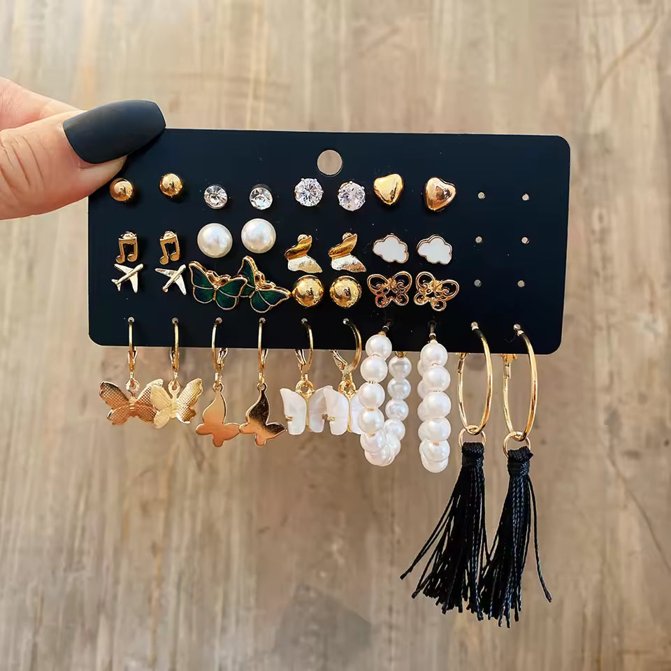 Set of 17 Bohemian Long Tassel Drop Statement Earrings and Studs