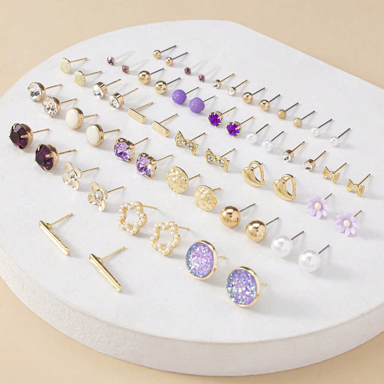 30 Pairs Advanced All-match Daily Earrings Purple Flower Pearl Geometric