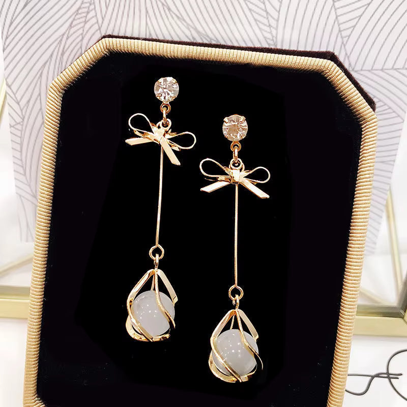 Gold Plated Bow Knot Long Drop Earrings with White Flower Pearl Charm for Women & Girls