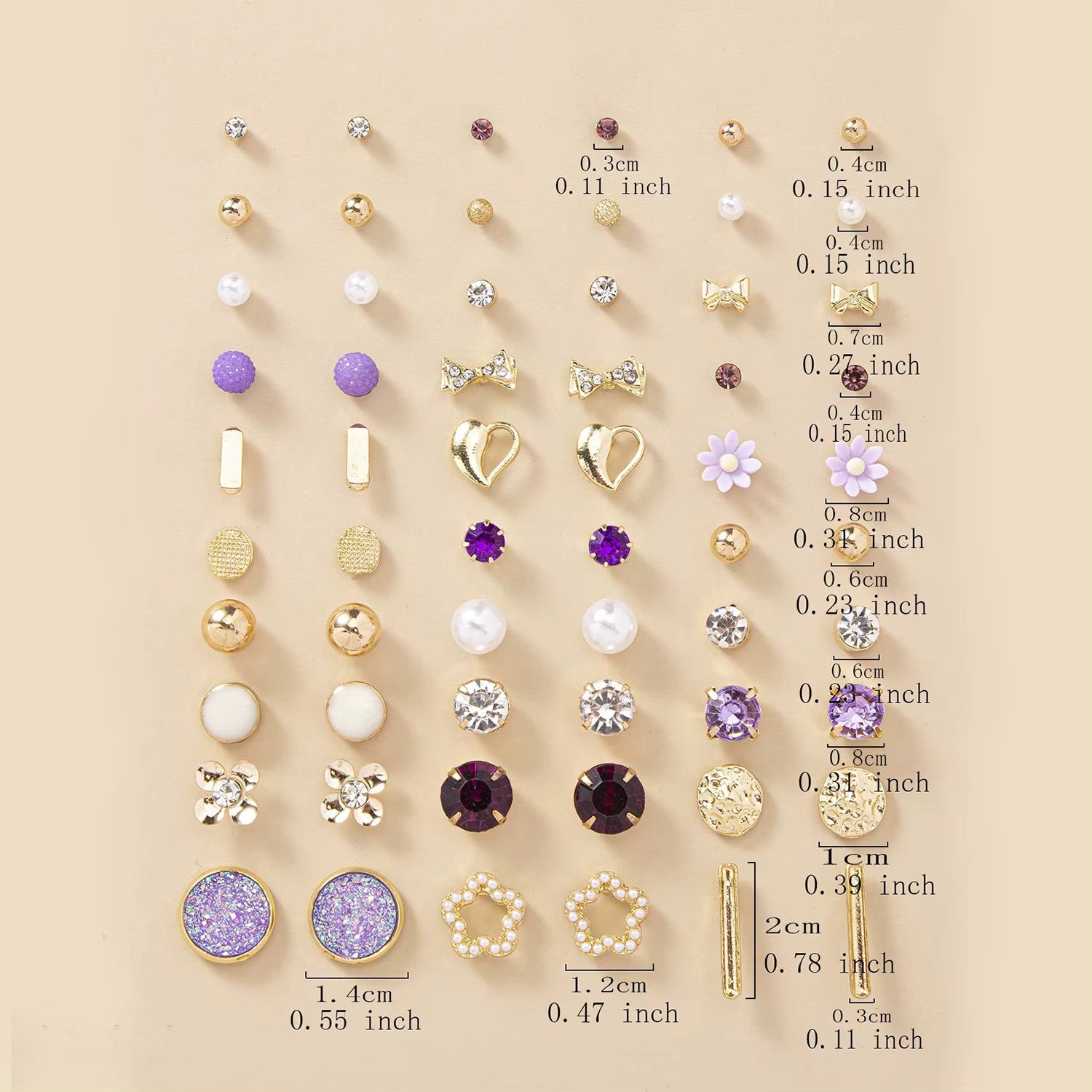 30 Pairs Advanced All-match Daily Earrings Purple Flower Pearl Geometric