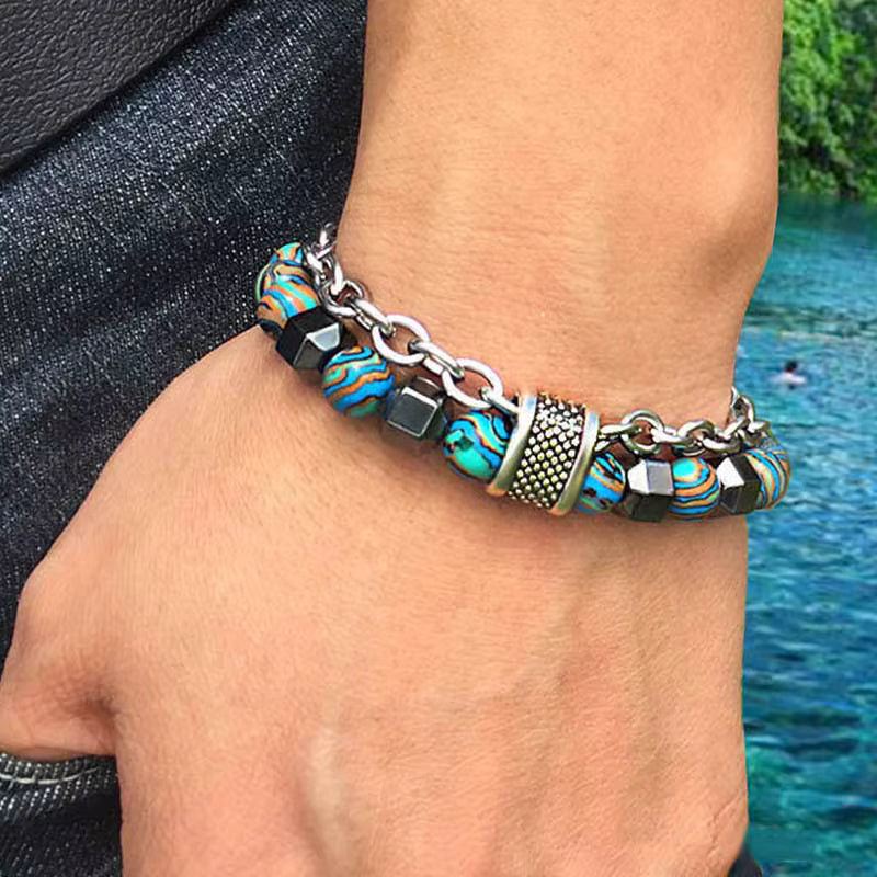 Men’s Stainless Steel Beaded Bracelet | Blue Stone Beads with Chain Design | Anti-Tarnish |