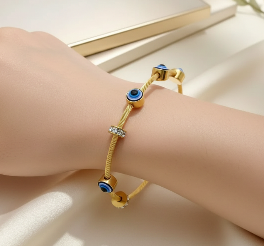 Gold Plated Crystal Studded Evil Eye Bracelet for Women & Girls