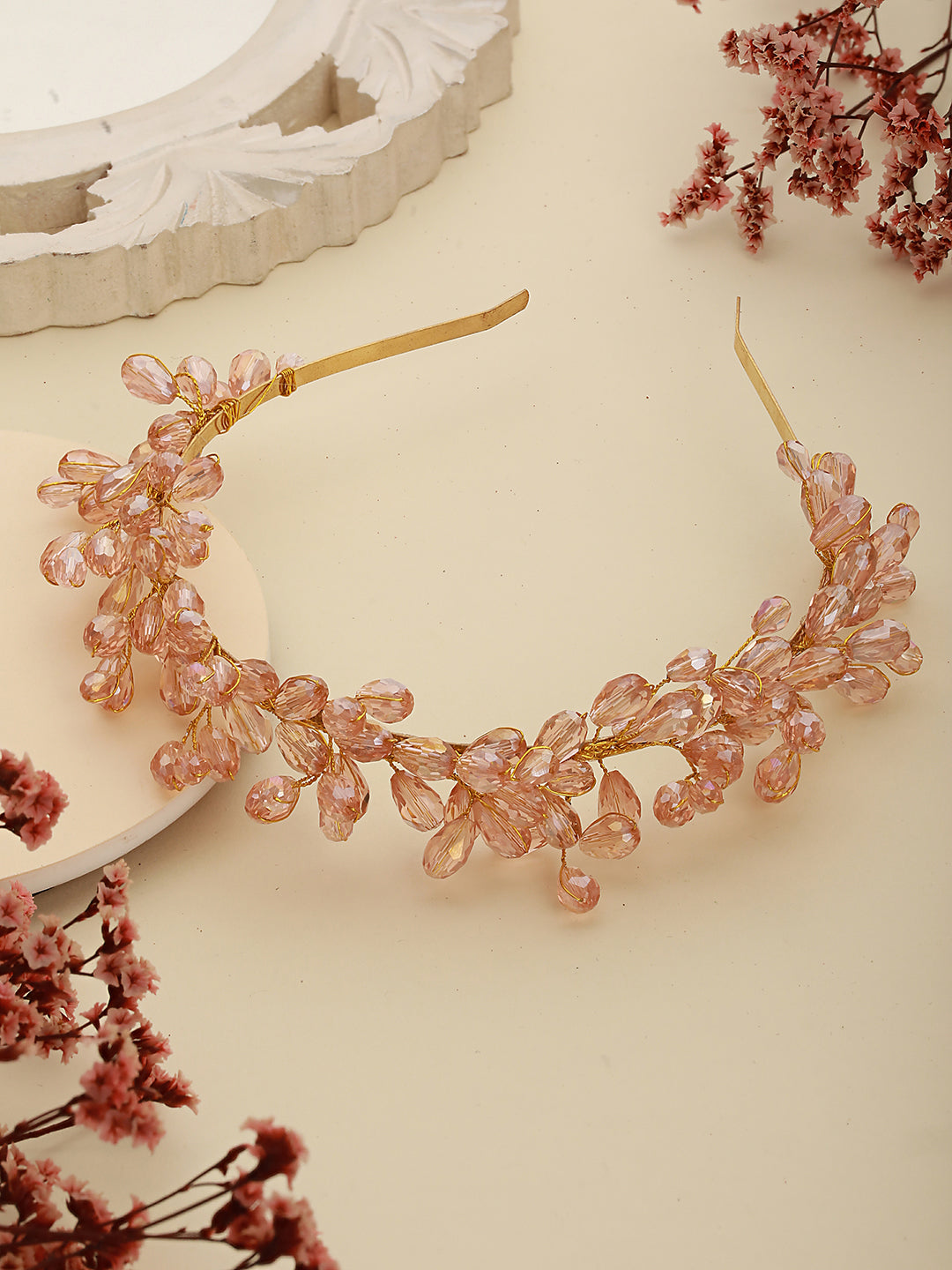 Gold-Toned Peach Pearl Studded Flower Tiara Hairband - Jazzandsizzle