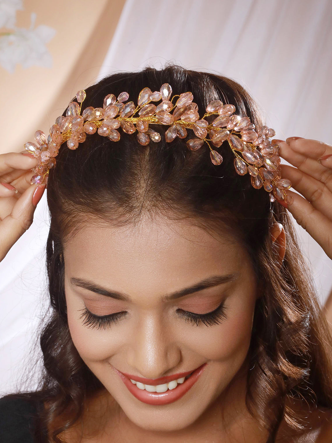 Gold-Toned Peach Pearl Studded Flower Tiara Hairband - Jazzandsizzle