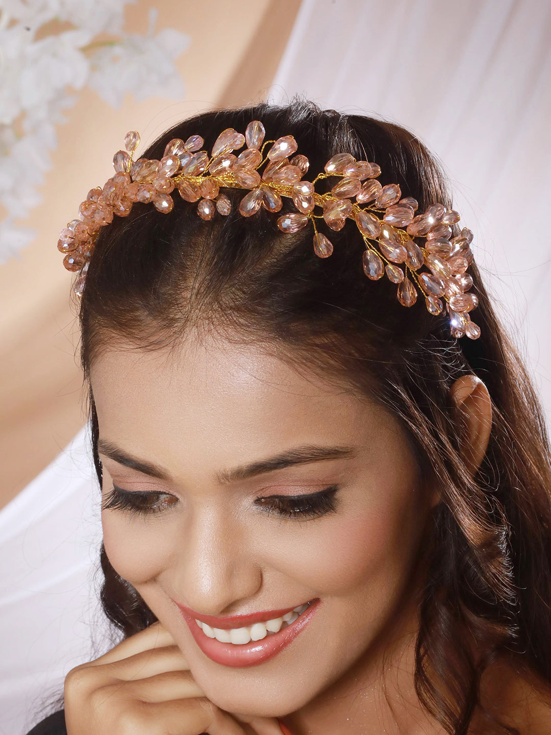 Gold-Toned Peach Pearl Studded Flower Tiara Hairband - Jazzandsizzle