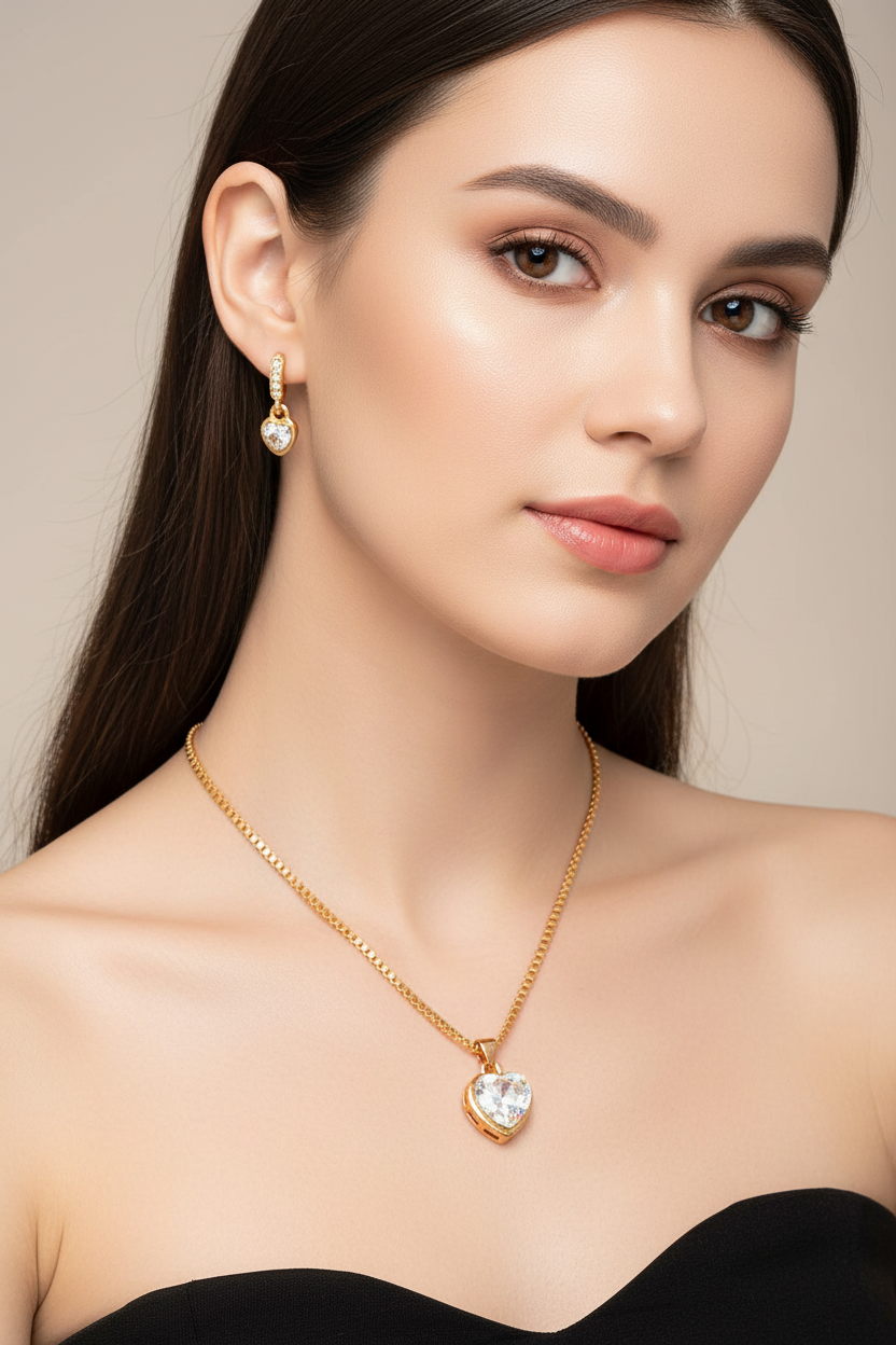 Jazz And Sizzle Gold Plated Heart Shaped Zircon Studded Necklace & Earrings Set