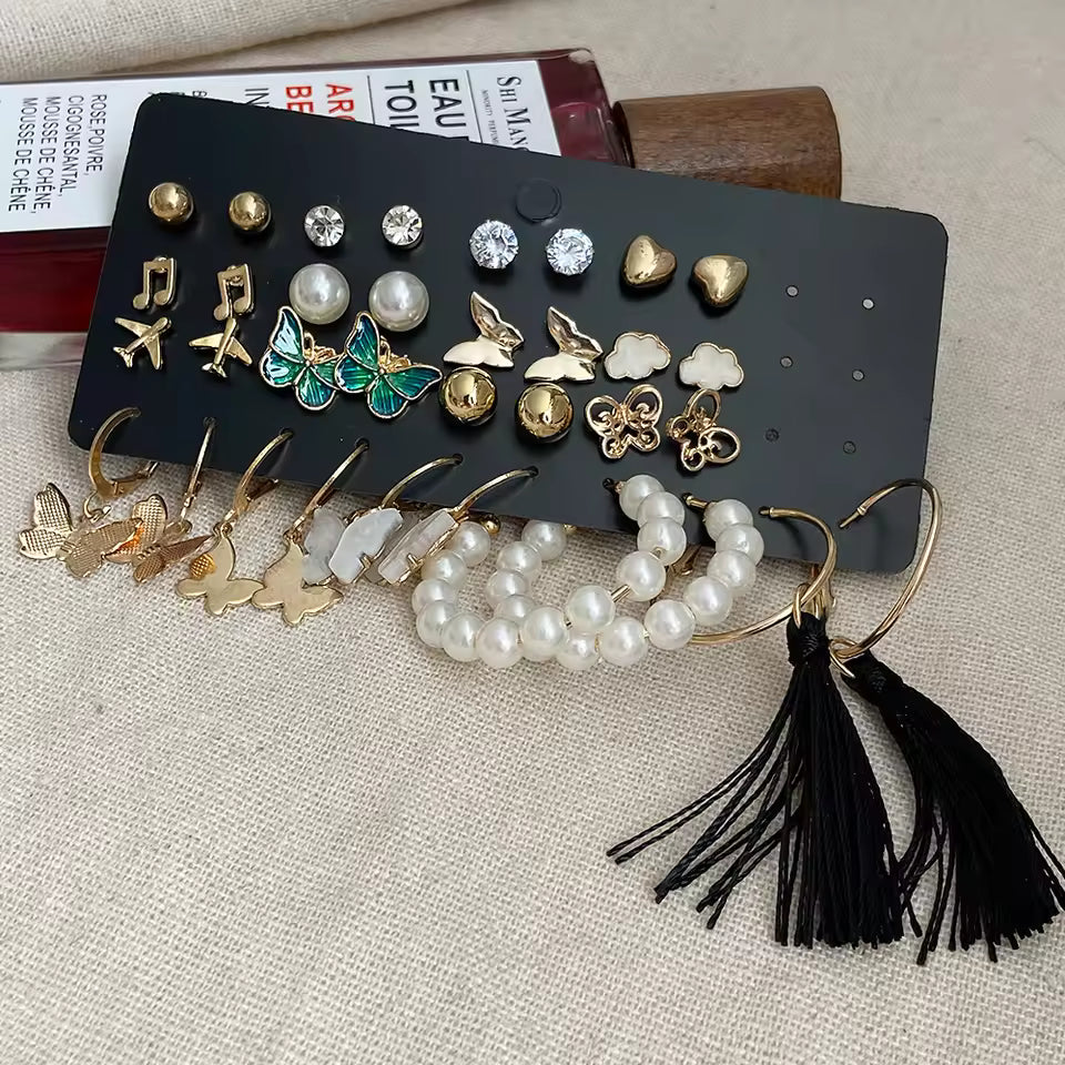 Set of 17 Bohemian Long Tassel Drop Statement Earrings and Studs