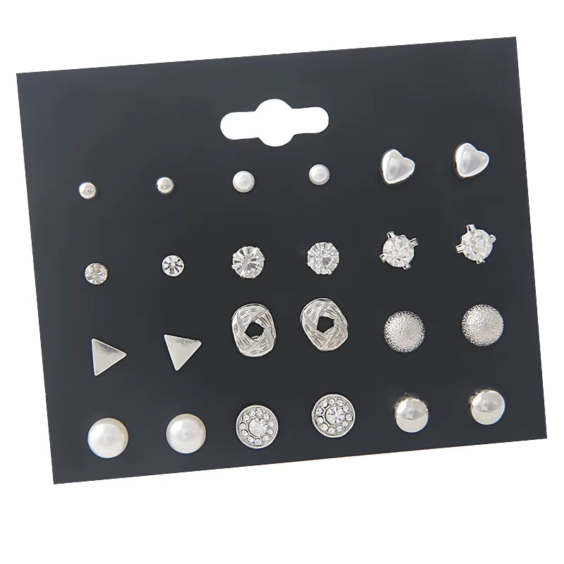 All Things Silver" Diamond Triangle Heart Inlaid 12 Pairs Stud Earrings