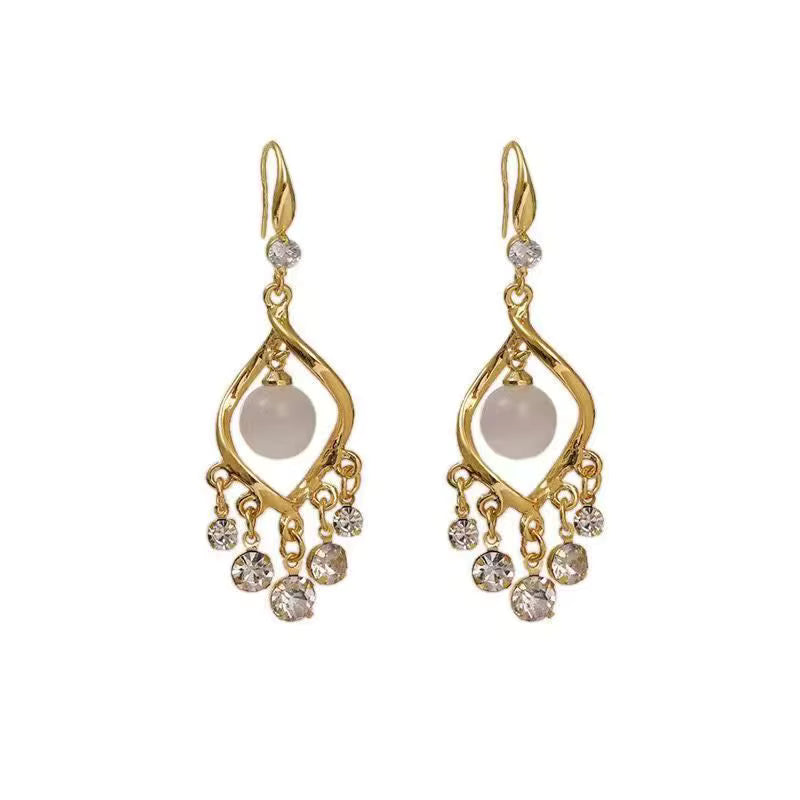 Jazz And Sizzle Stylish Gold Bow Stud Long Chain Earrings with White Flower Drop