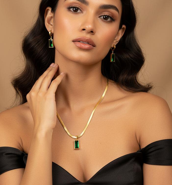 Fashion Jewelry Waterproof Minimalist Green Zirconia Pendant Snake Chain Necklace and Earrings