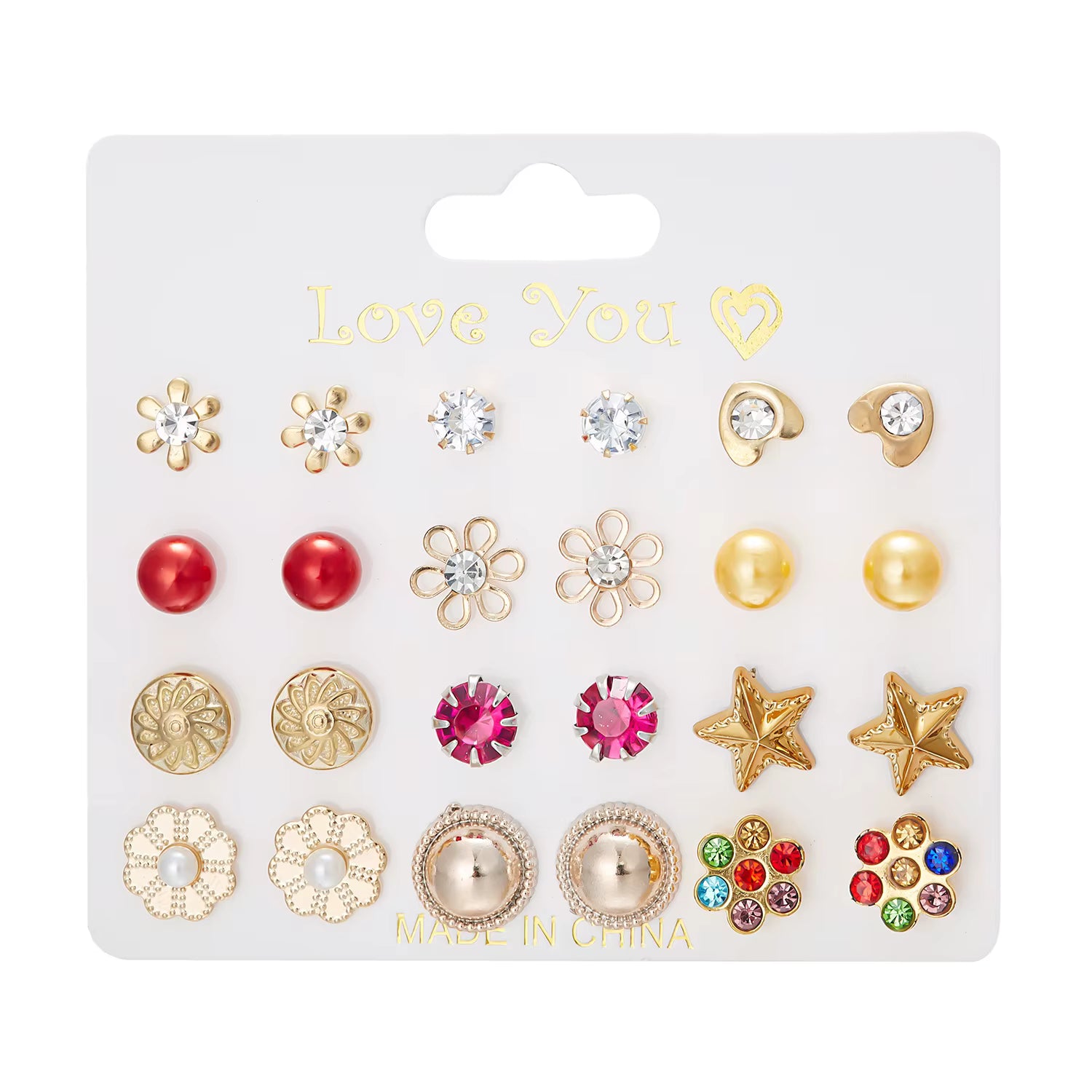 2026 New Alloy Combination 12 Pairs Flower Heart Strawberry Diamond Paper Card Set Tiny Stud Earrings