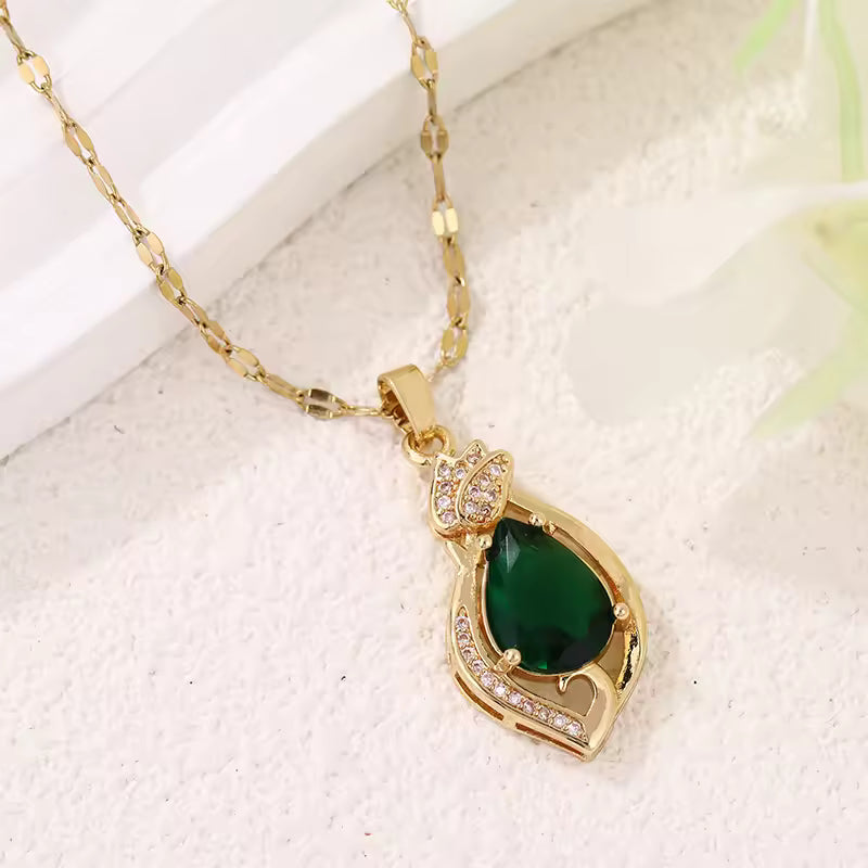 Gold Plated Green Teardrop Crystal Pendant Necklace for Women