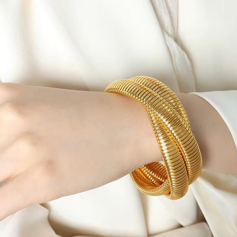 Jazz And Sizzle Stylish Portable Chunky Gold Brass Antique Imitation Cuff Bangle Style Spiral Bracelet