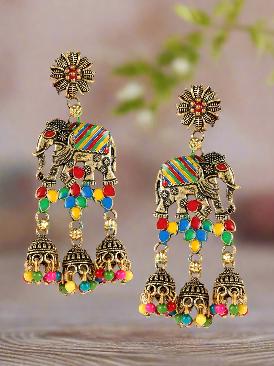 Jazz and sizzle Black Gold Plated Enameled Elephant Motif Ethnic Everyday Jhumka Earrings