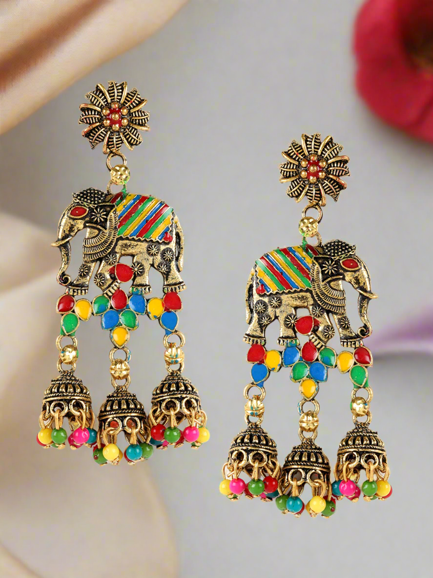 Jazz and sizzle Black Gold Plated Enameled Elephant Motif Ethnic Everyday Jhumka Earrings
