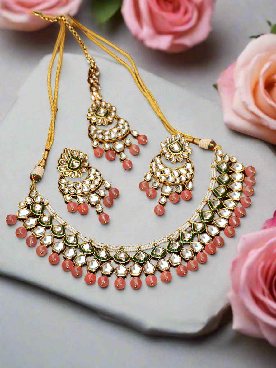 Gold-Plated Pink & White Kundan-Studded Beaded Handcrafted Jewellery
