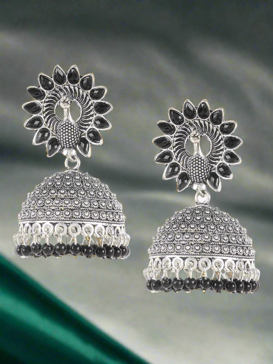 Gold Plated Peacock Shape Painted Enamel Pearl Drop Ethnic Jhumka Earring