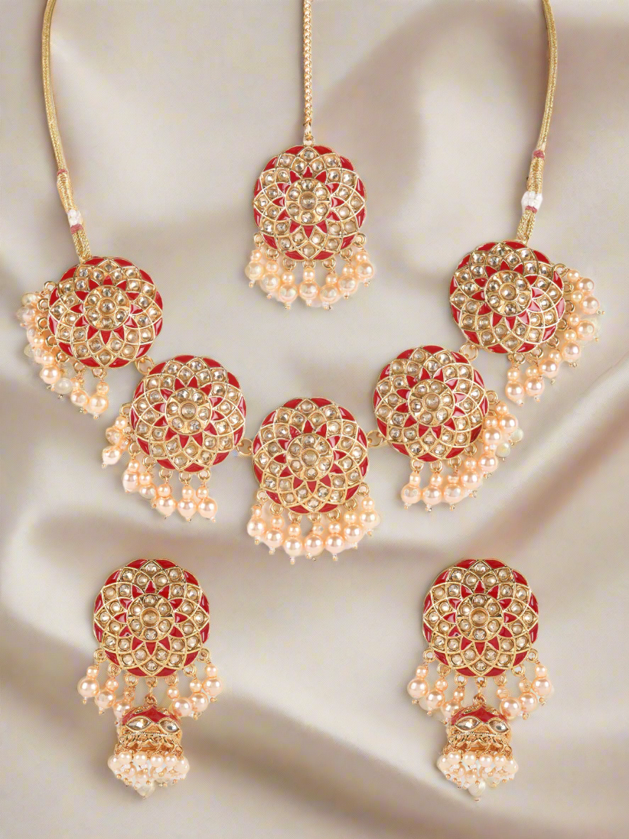 Red Kundan Pearls Gold Plated Choker Set With Maangtikka