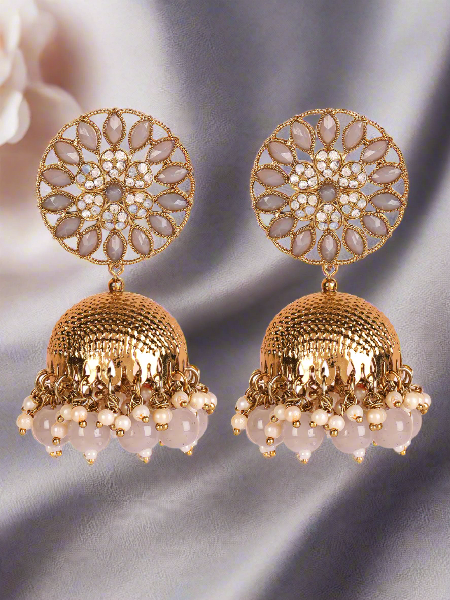 Grey Antique Gold-Plated Studded Dome Shaped Jhumkas