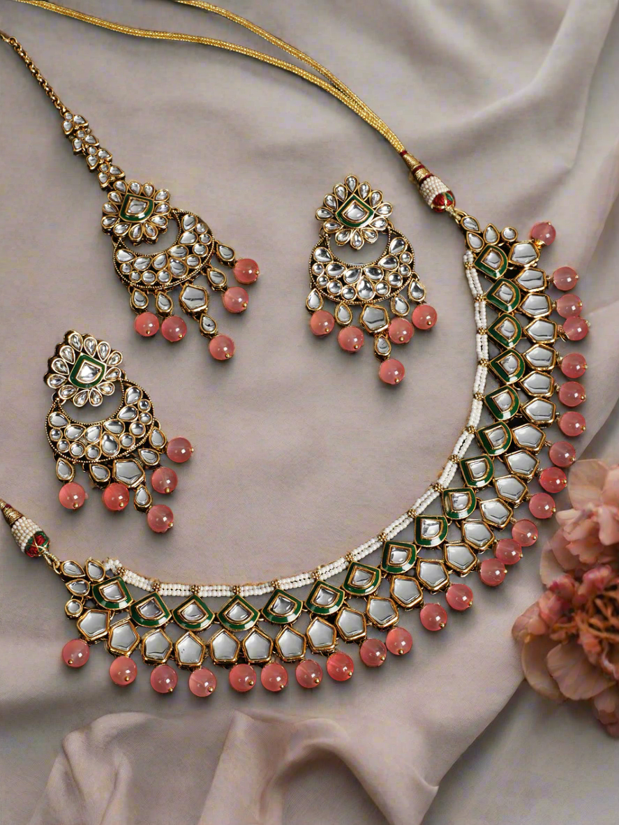 Gold-Plated Pink & White Kundan-Studded Beaded Handcrafted Jewellery