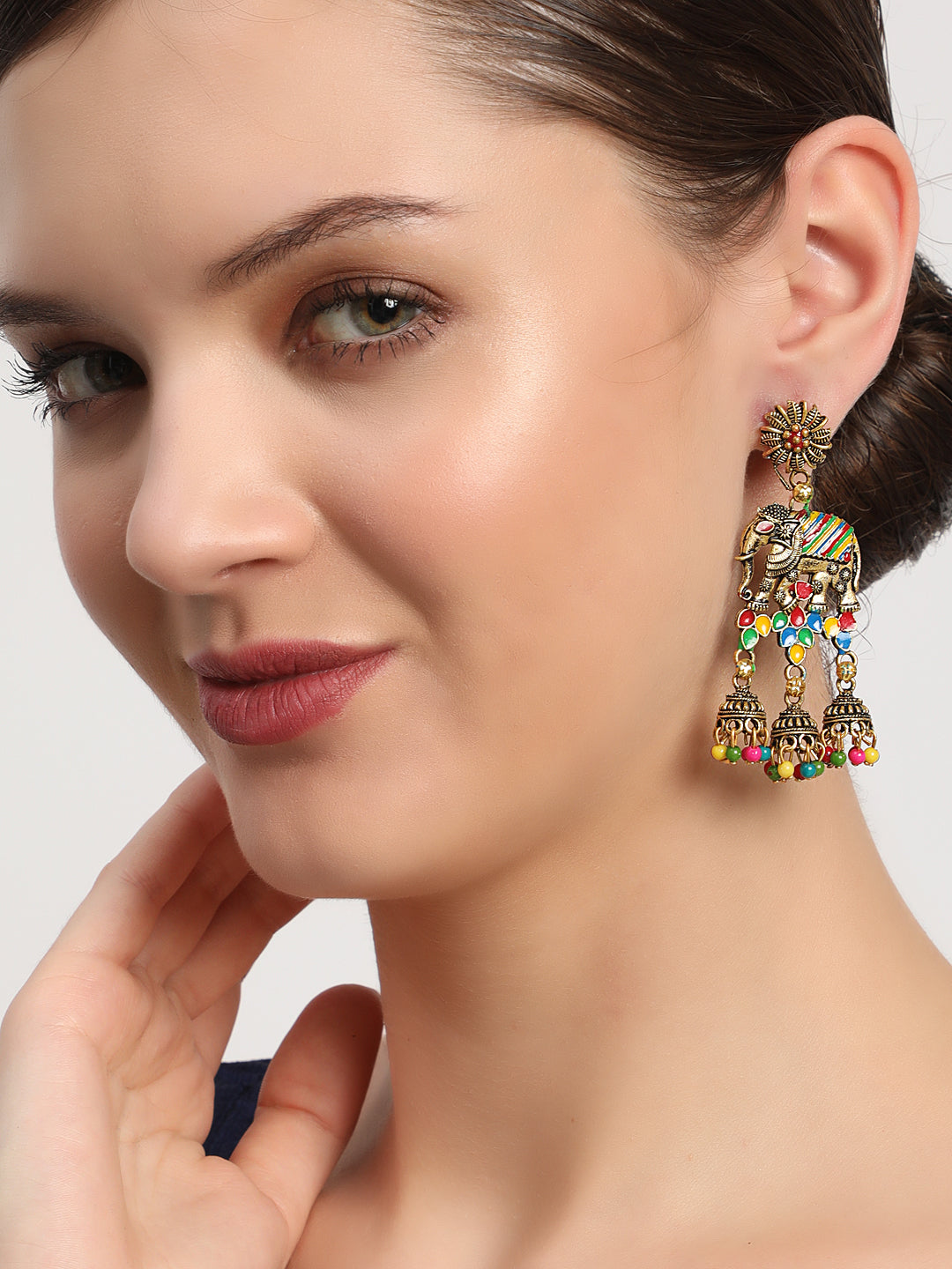 Jazz and sizzle Black Gold Plated Enameled Elephant Motif Ethnic Everyday Jhumka Earrings