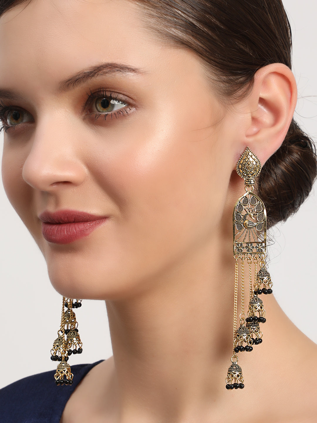 Jazz And Sizzle Designer Gold Plated Peacock Shape Enameled Traditional Everyday Drop Earrings
