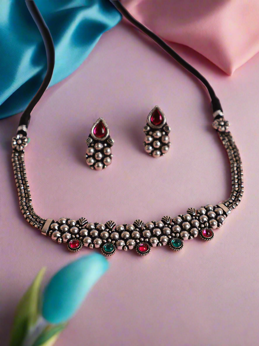 Silver-Toned Oxidized Pink& Green Stone Studded Peacock Jewellery Set