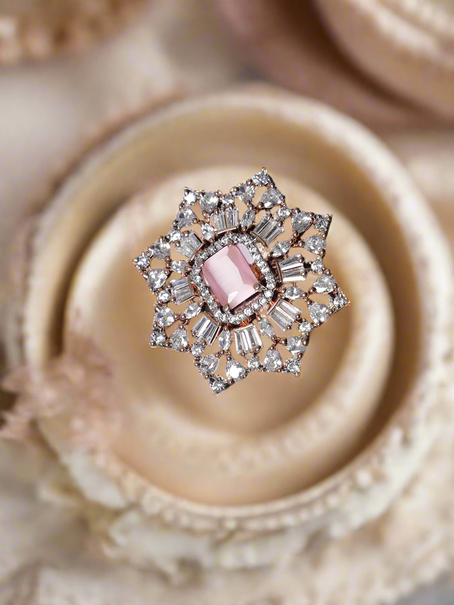 Rose Gold-Plated Pink Ruby & White Ad-Studded Handcrafted Adjustable Finger Ring