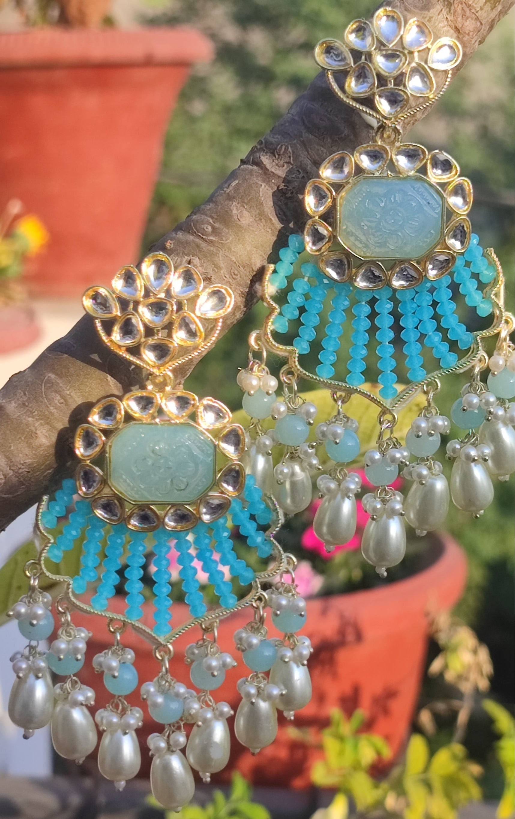 Jazz And Sizzle Blue & White Pearl Beaded Kundan Studded Long Drop Earrings