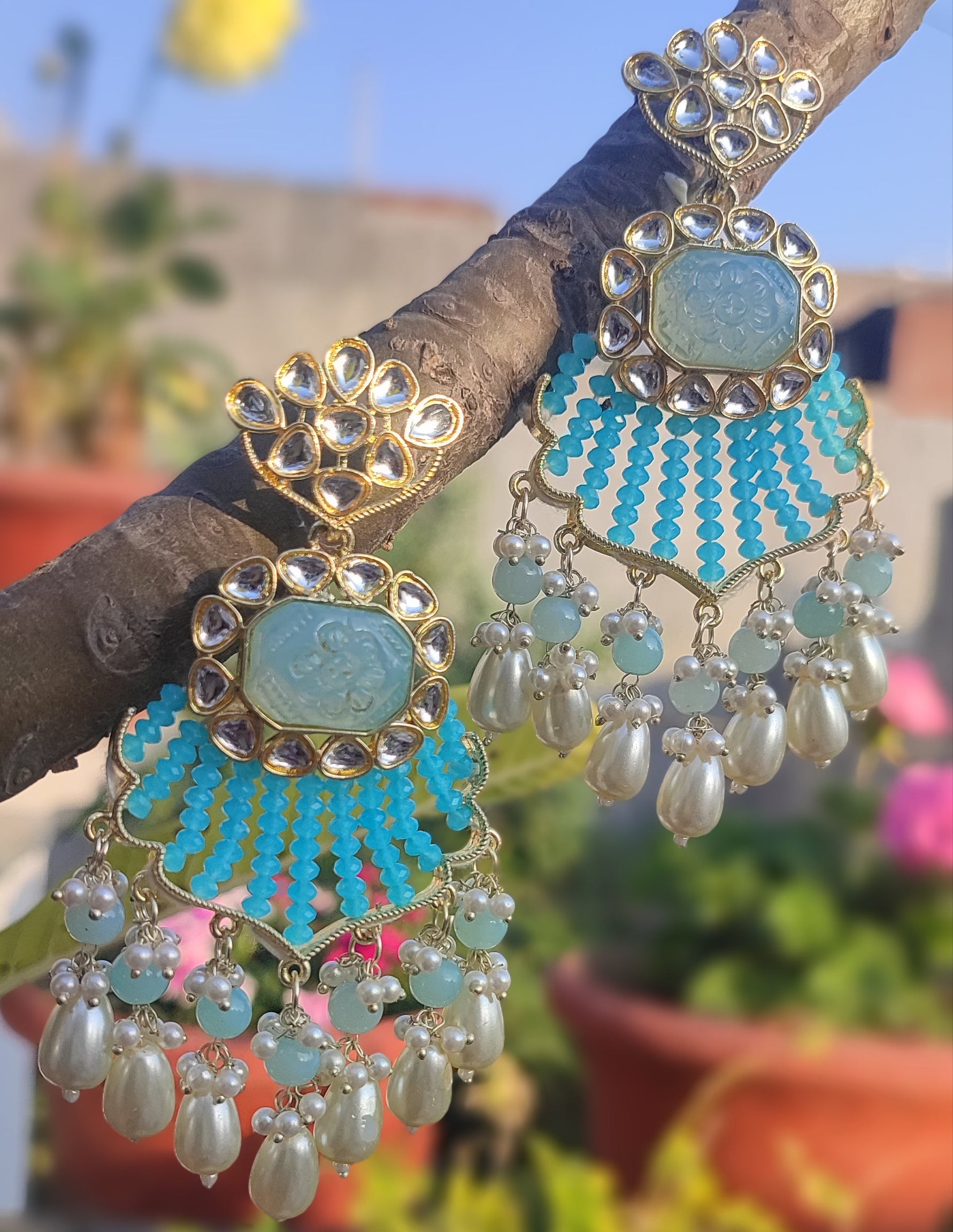 Jazz And Sizzle Blue & White Pearl Beaded Kundan Studded Long Drop Earrings