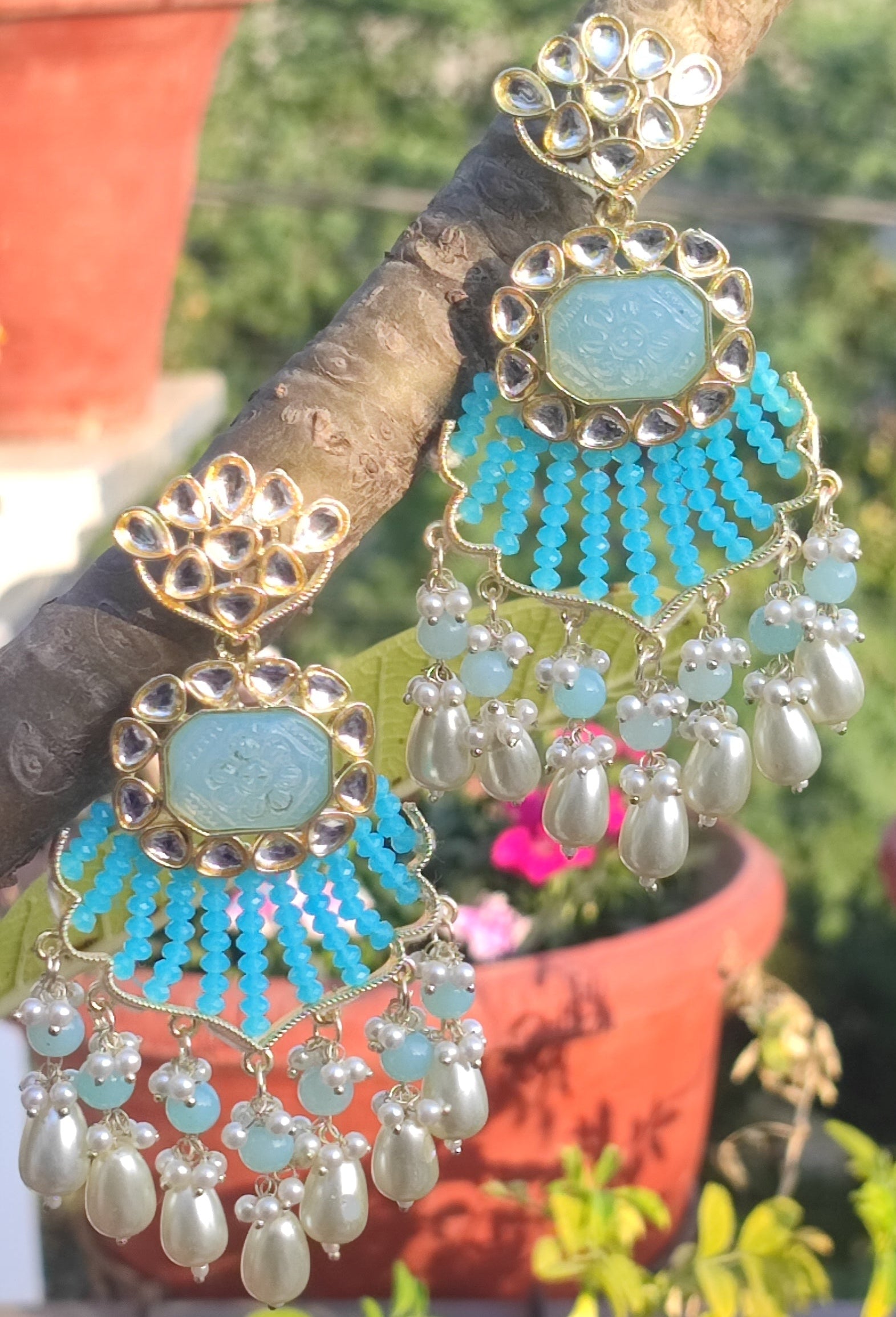 Jazz And Sizzle Blue & White Pearl Beaded Kundan Studded Long Drop Earrings