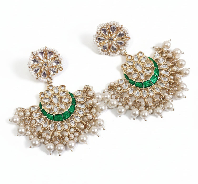 Jazz And Sizzle Gold Plated & Pearl Beaded Kundan Studded Minakari Chand Bali Earrings