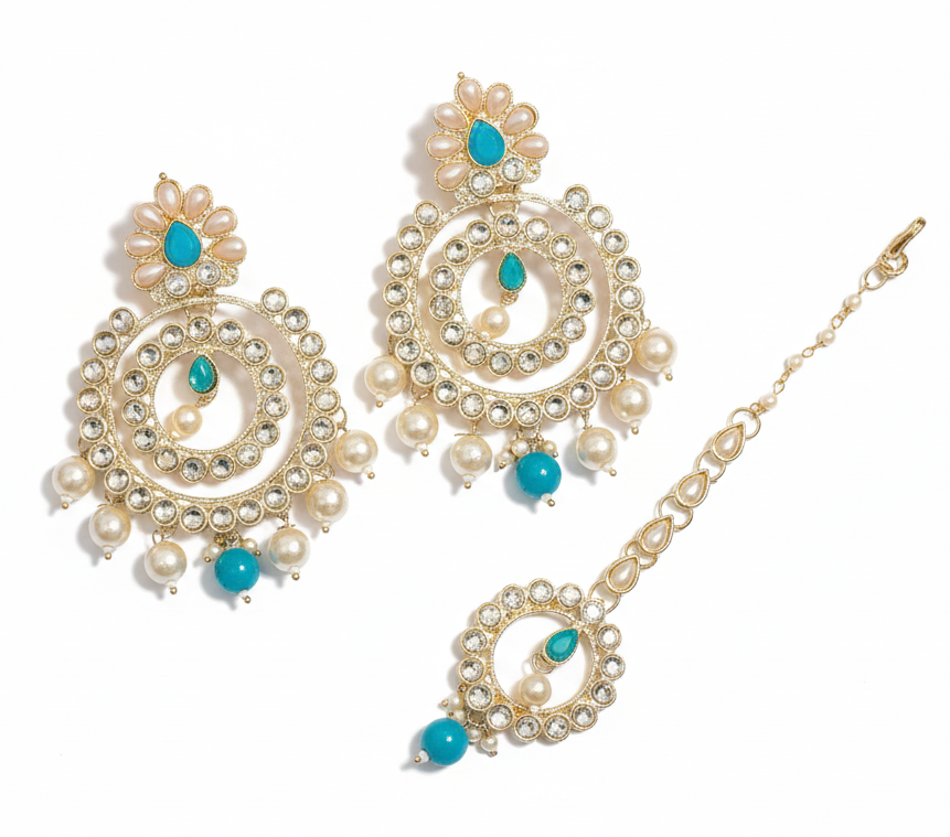 Aatmana By J&S Gold Plated & Pearl Beaded Kundan Studded Chandbali Earrings with Maangtika