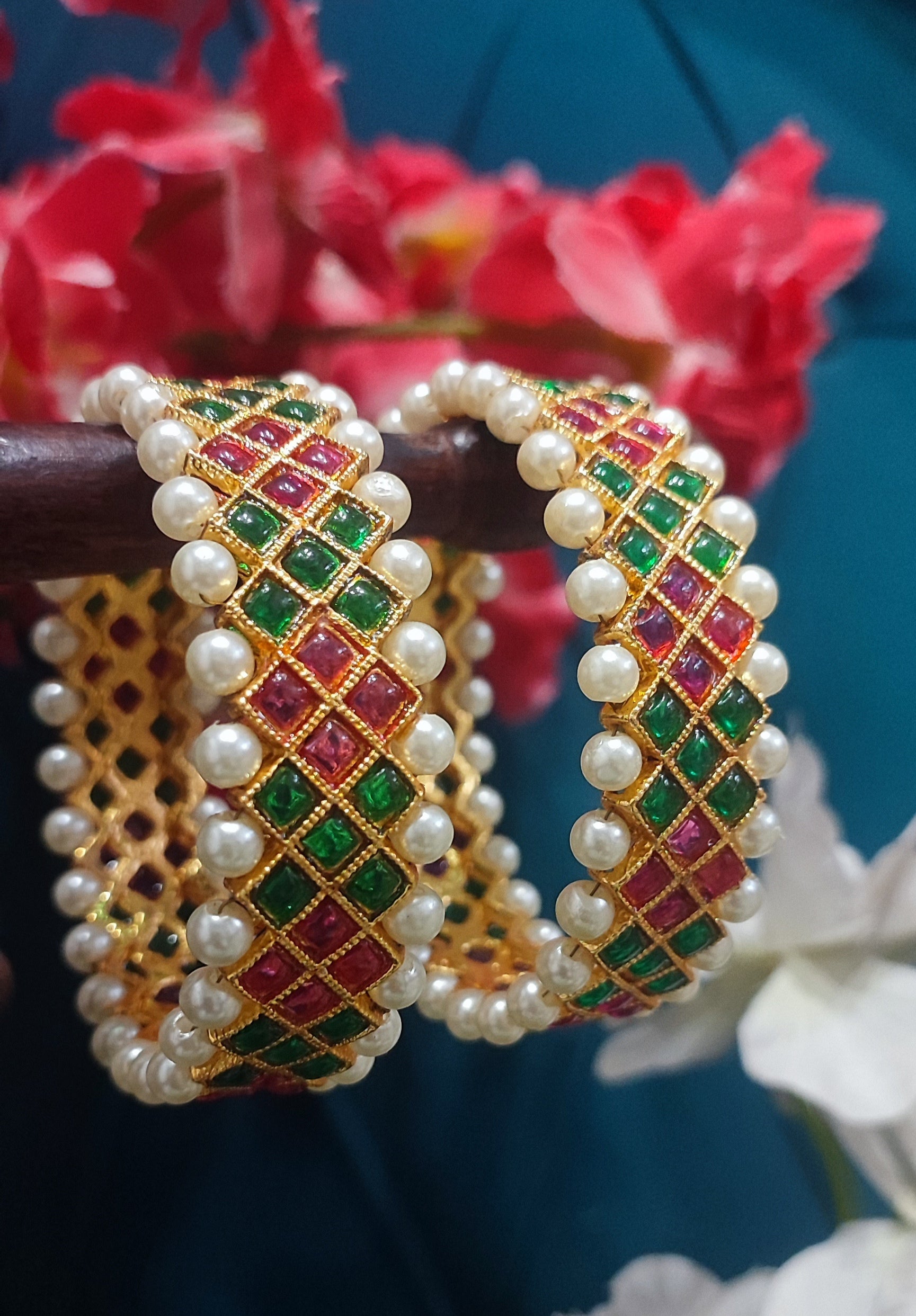 Jazz And Sizzle Set Of 2 Gold Plated Artificial Stone Studded & Pearl Beaded Bangles