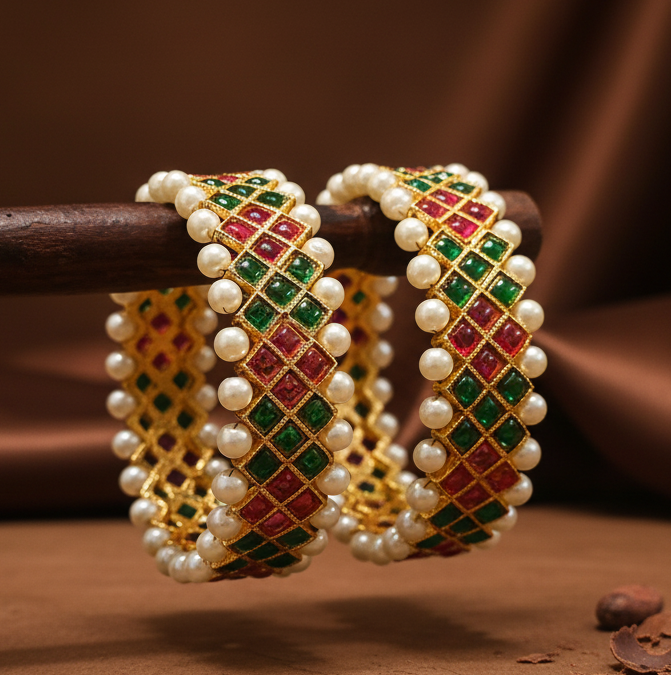 Jazz And Sizzle Set Of 2 Gold Plated Artificial Stone Studded & Pearl Beaded Bangles