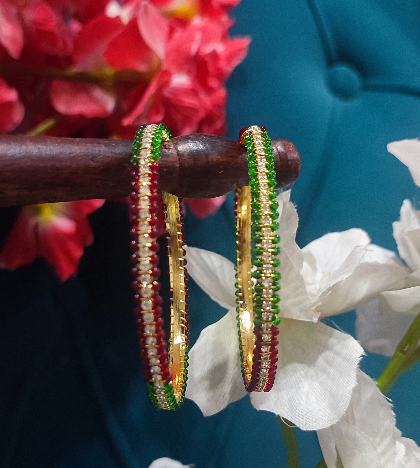 Jazz And Sizzle Set Of 2 Gold Plated CZ Studded & Pearl Beaded Bangles