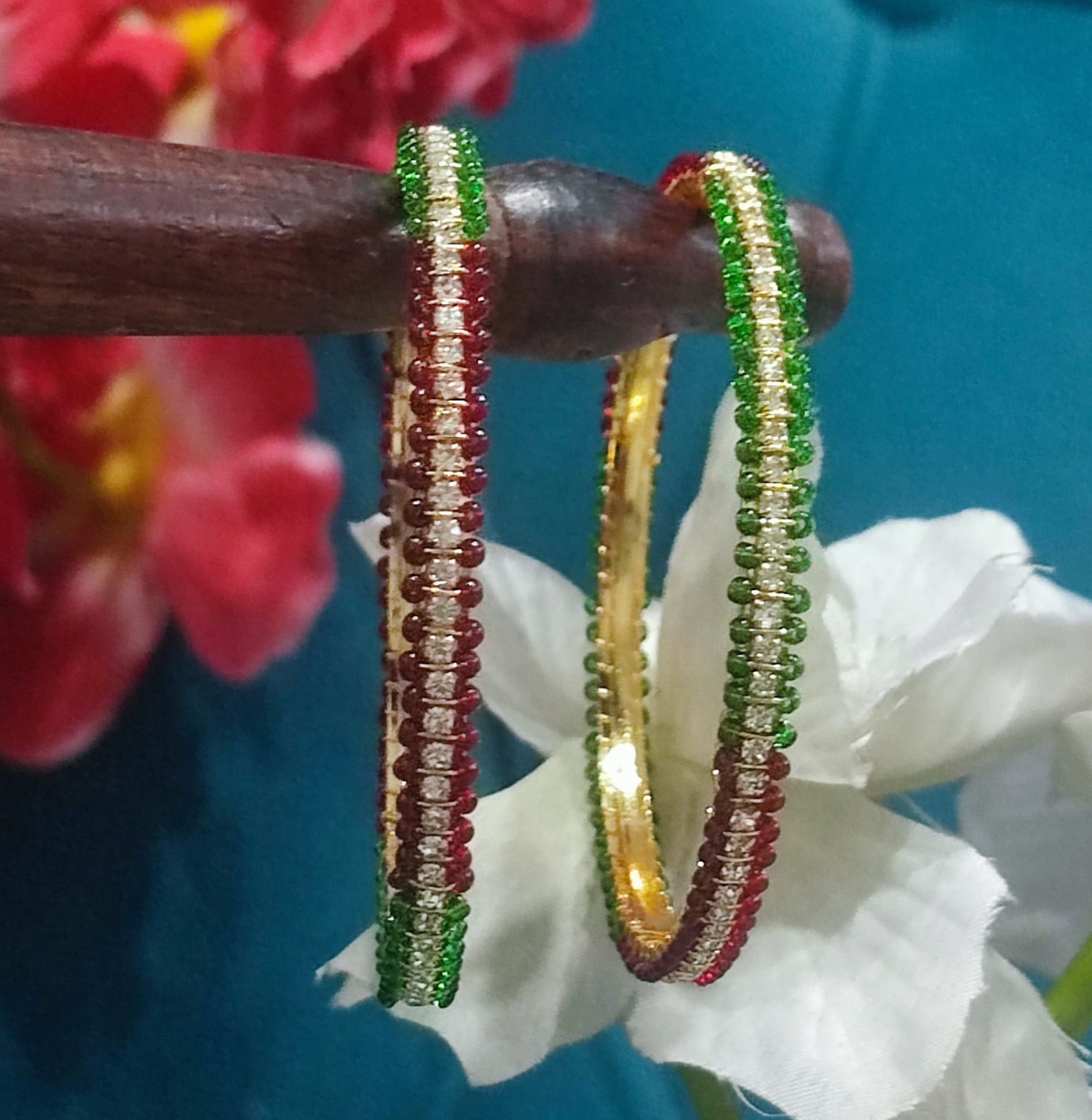 Jazz And Sizzle Set Of 2 Gold Plated CZ Studded & Pearl Beaded Bangles