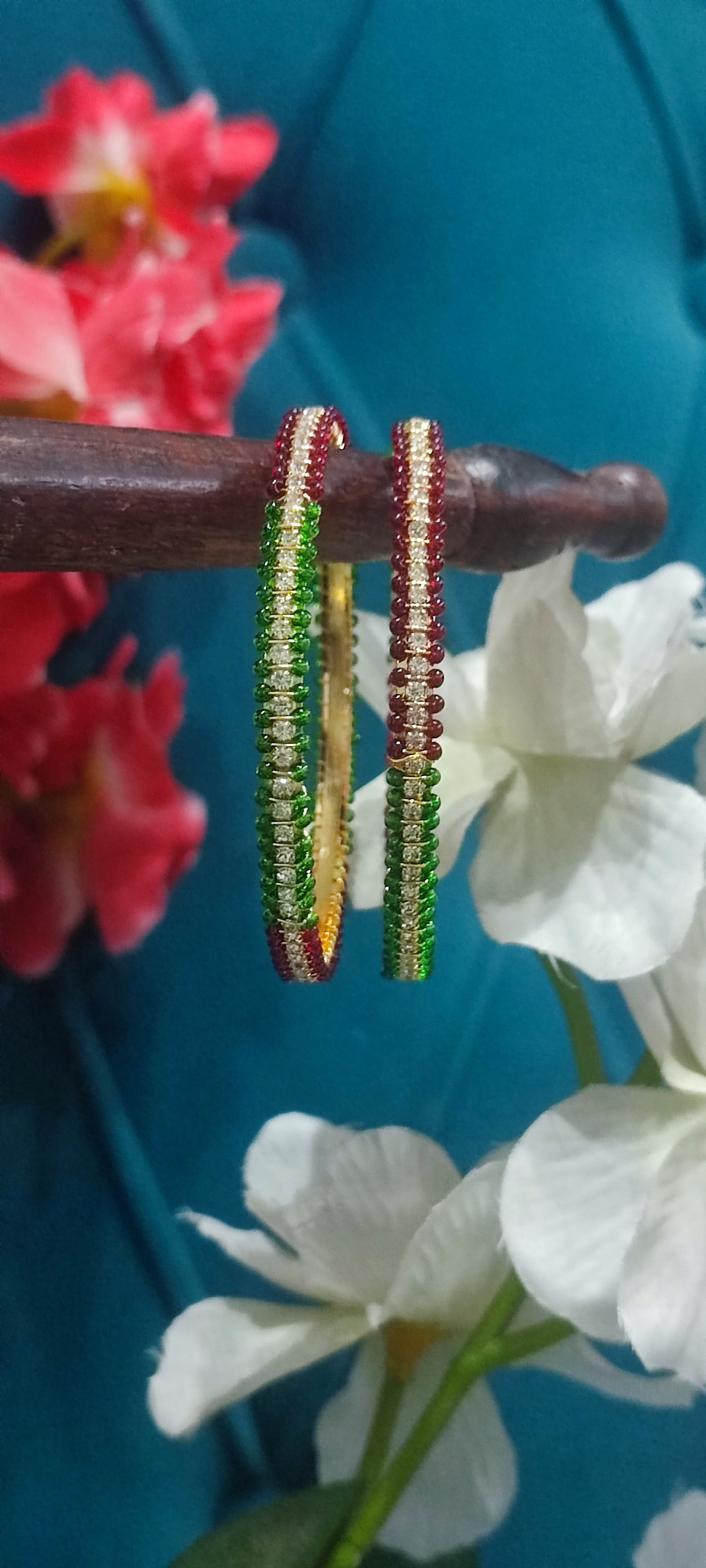 Jazz And Sizzle Set Of 2 Gold Plated CZ Studded & Pearl Beaded Bangles