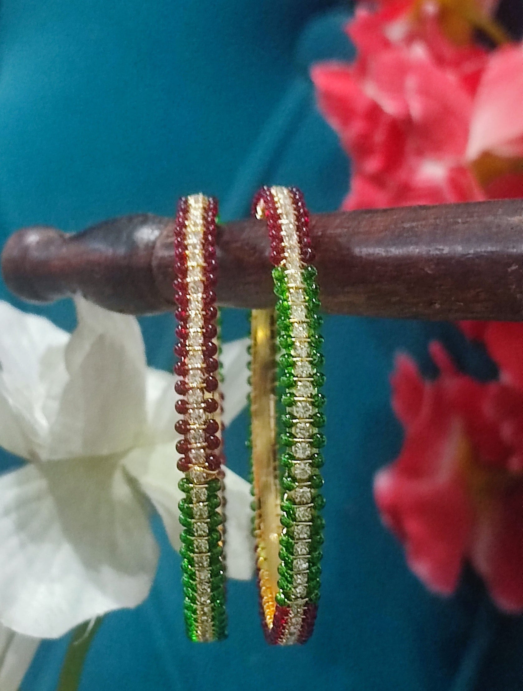 Jazz And Sizzle Set Of 2 Gold Plated CZ Studded & Pearl Beaded Bangles