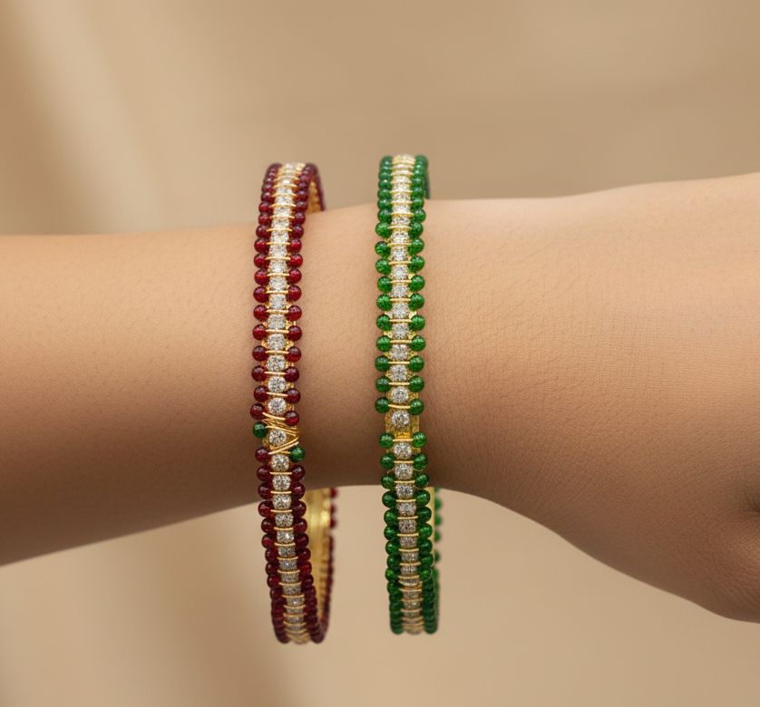 Jazz And Sizzle Set Of 2 Gold Plated CZ Studded & Pearl Beaded Bangles