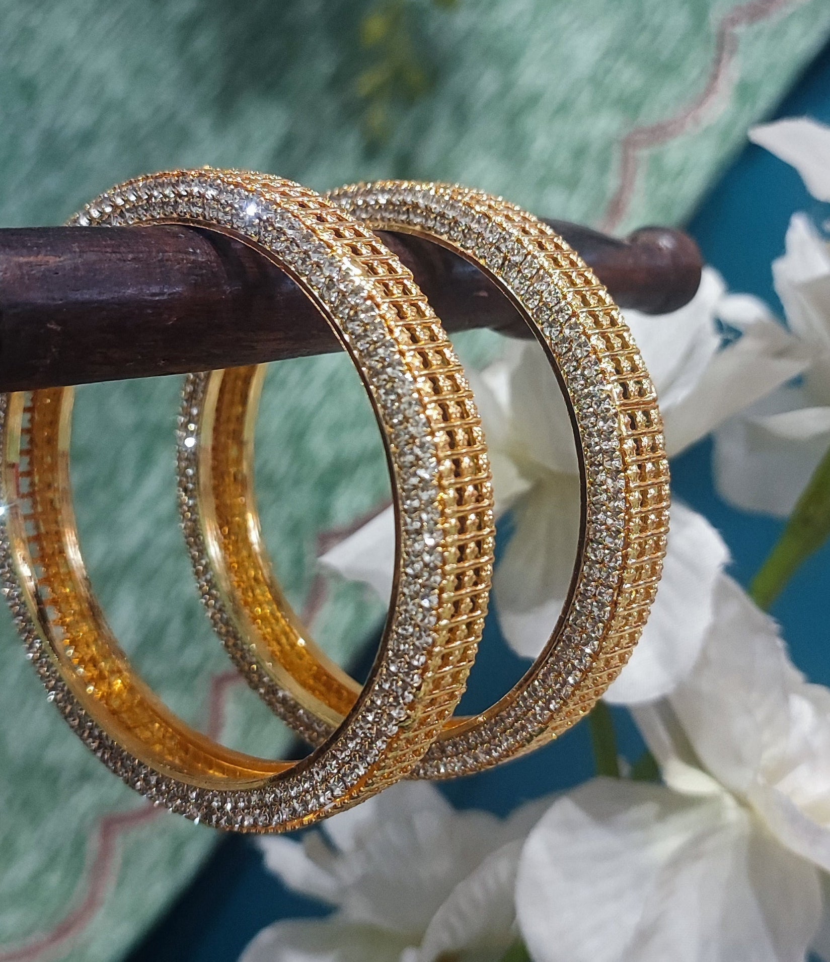 Jazz And Sizzle Set Of 2 Gold Plated CZ Studded Bangles