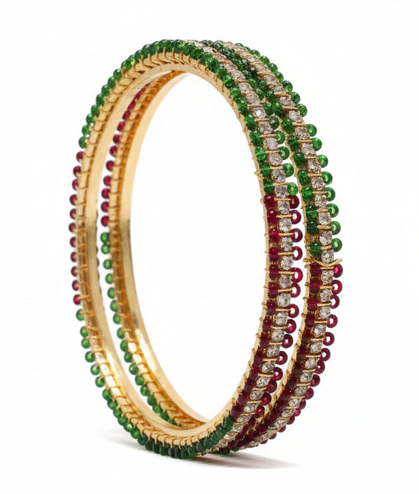 Jazz And Sizzle Set Of 2 Gold Plated CZ Studded & Pearl Beaded Bangles