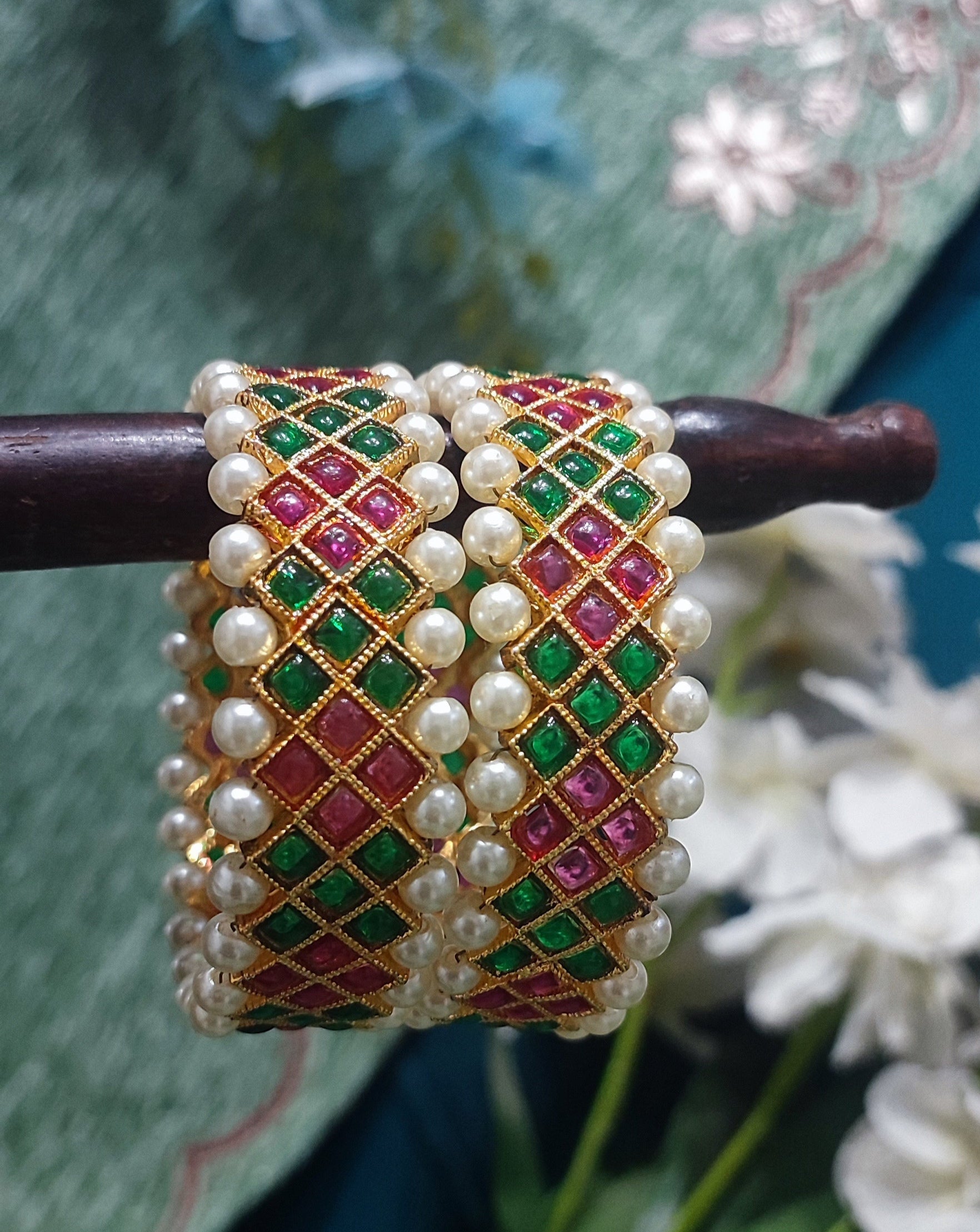 Jazz And Sizzle Set Of 2 Gold Plated Artificial Stone Studded & Pearl Beaded Bangles