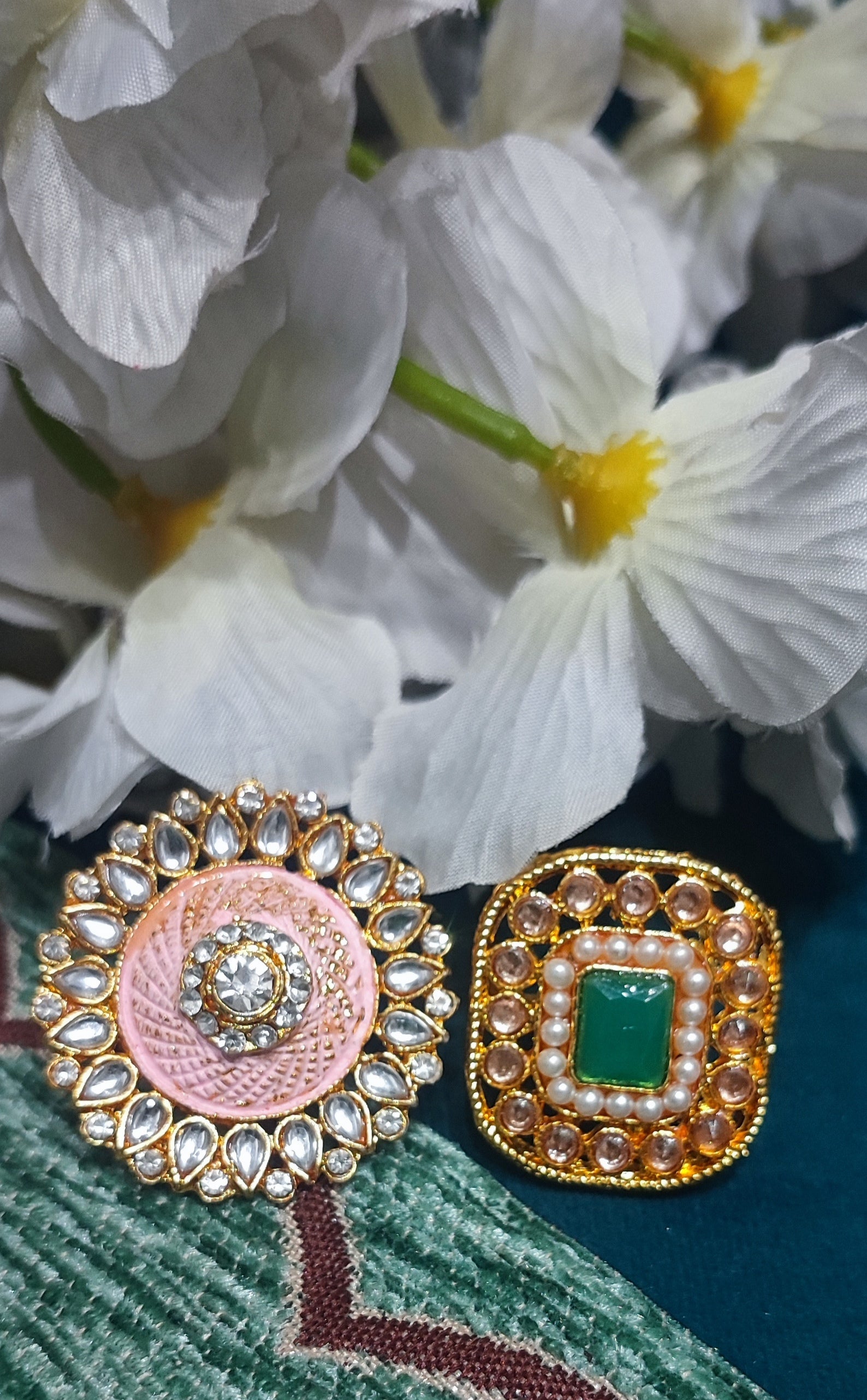 Jazz And Sizzle Set Of 2 Gold Plated & Pearl Beaded Minakari Pink & Green Ring
